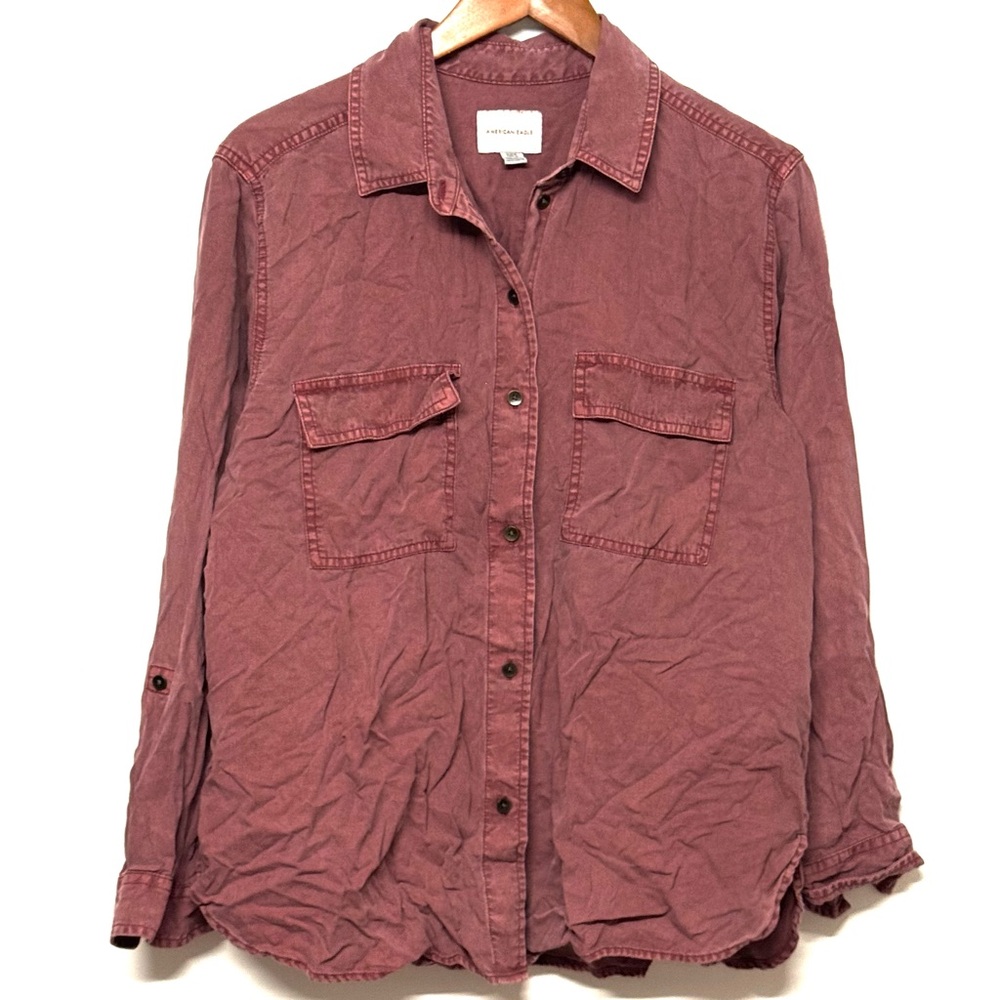 American Eagle Red Soft Button Down 3/4 Sleeve Collared Utility Lyocell Top Med